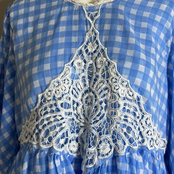 Free People Dress Gingham Blue White Lace Bubble Hem Angel Sleeve Sz L - Picture 2 of 9